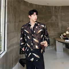 Threebooy Men Sexy Feather Hollowed Out Shirt Men's Lapel Long Sleeved Transparent Clothing Streetwear Casual Loose Trendy Design Tops