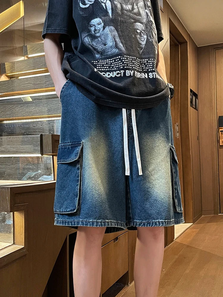 Threebooy  Summer Men's Cargo Denim Shorts Baggy Straight Fashion Casual Wide Leg Short Pants Big Pocket Beach Vacation Short Jeans Male