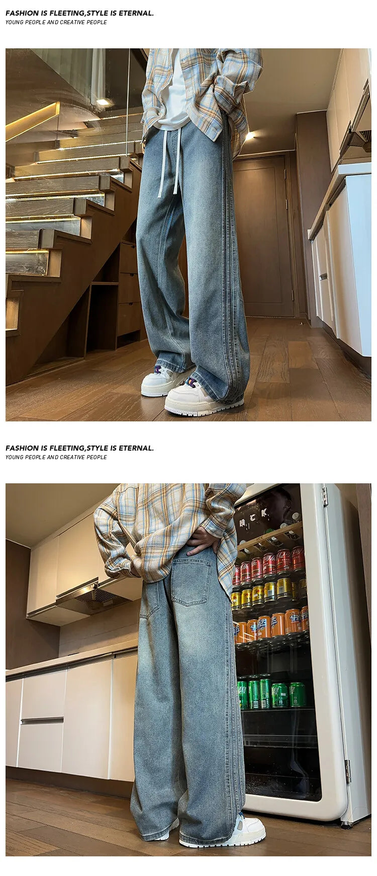 Threebooy Jeans Men Denim Pants Elastic waist pull rope Straight Droop Vintage Loose Bottom Straight Wide Leg Casual Male Trouser