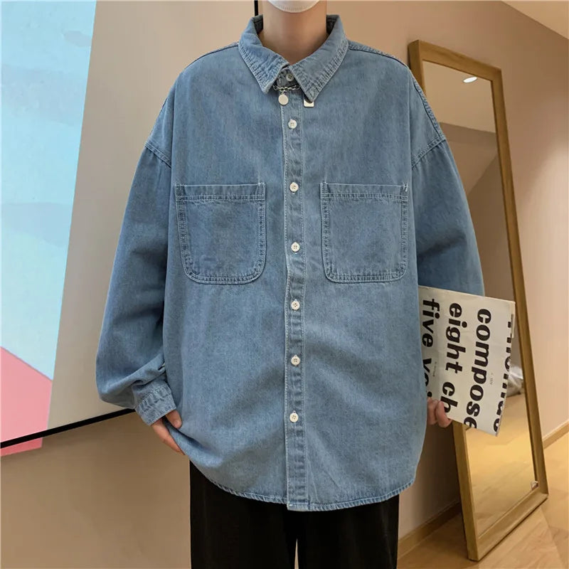 Threebooy  Denim Long-sleeved Shirt Men's Solid Color Autumn Korean Style Trendy Simple Shirt Hong Kong Style Loose and Handsome Ins Jacket