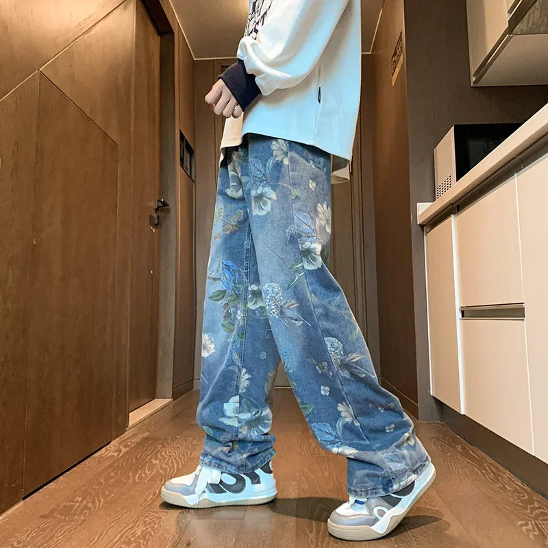 Threebooy  Autumn Floral Printed Jeans For Men New Y2K Vintage Denim Pants Hip Hop Fashion Wide-leg Baggy Jean Streetwear Trousers