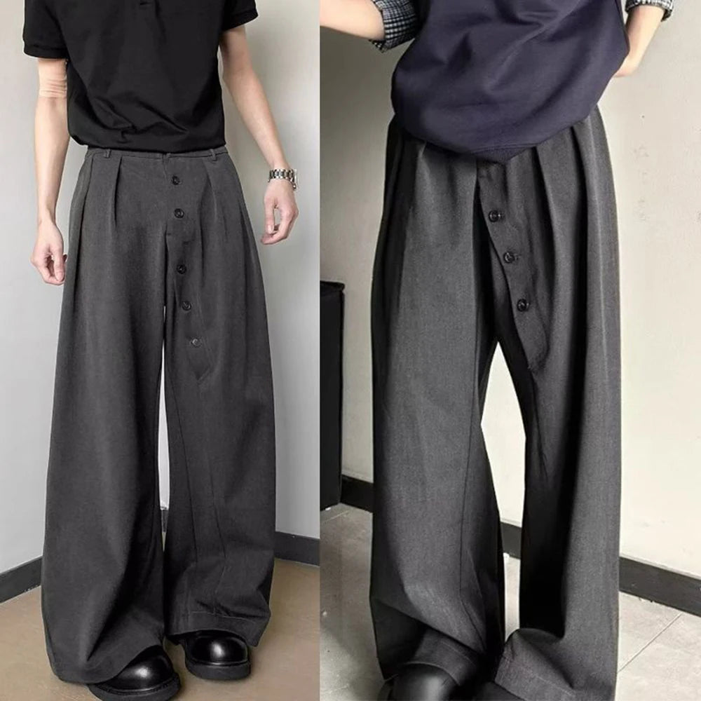 Threebooy  Summer New Men's Solid Color Asymmetric Button Suit Trousers American Retro Fashion Trend Casual Loose Casual Men's Bottoms