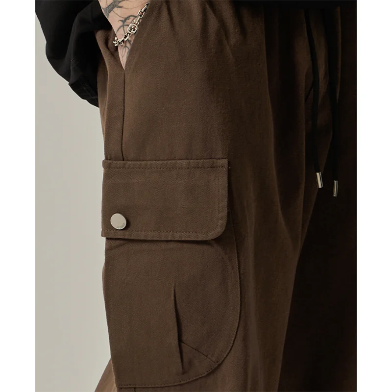 Threebooy Men's Sweatpants 2025 Spring Autumn Vintage Japanese Wide Leg Straight Loose Button Big Pockets Cargo Pants Drawstring Trousers