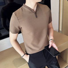 Threebooy Korean Style Men's Summer High Quality Casual Short Sleeve Knitted T-shirt/Male Slim Fit Fashion Ice Silk V-neck T-shirt S-4XL