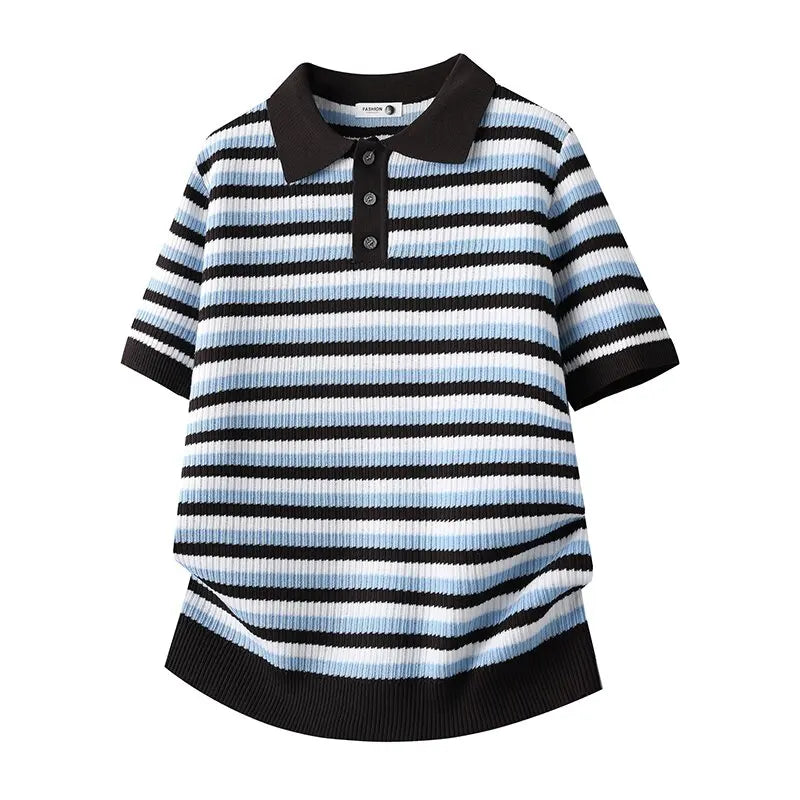 Threebooy  Summer New Fashion Trendy American Striped Thin Short Sleeve Polo Shirt Men's Casual Loose Sport High Quality T-shirt