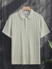 Threebooy  Men's Summer Knitted Striped Lapel Short Sleeved Polo Shirt Comfortable and Fashionable Polo Shirt Suitable for Daily Wear