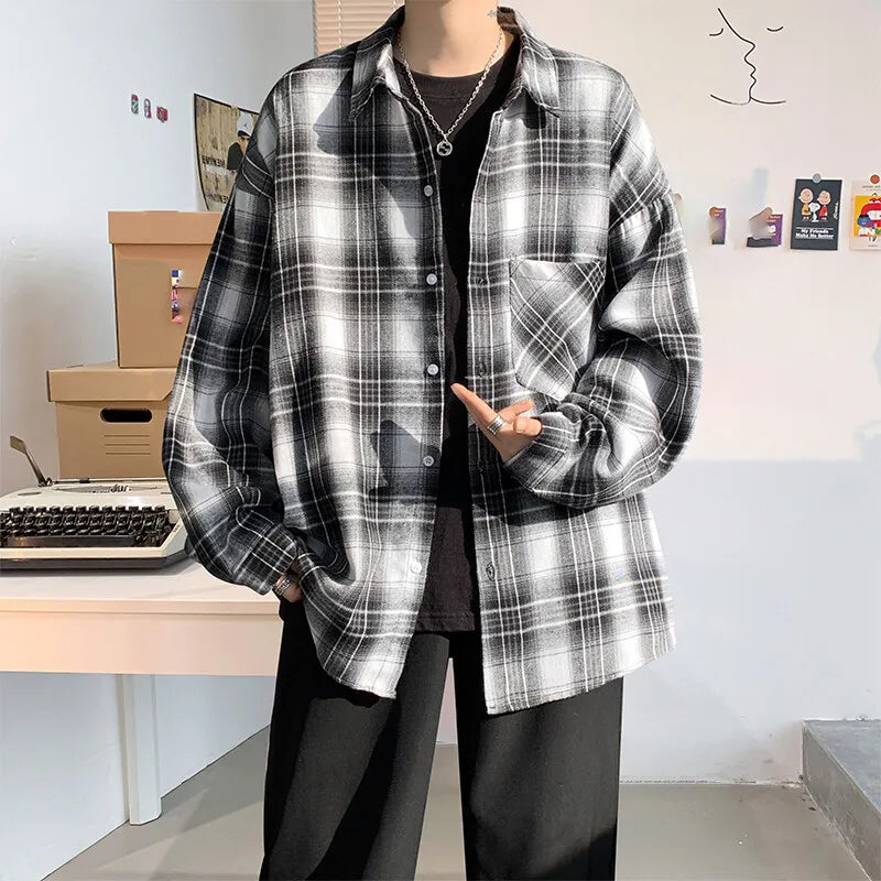 Threebooy Harajuku Long Sleeve Plaid Shirts Men Big Size M-5XL Autumn Chic Loose Vintage High Street All-match Gentleman Camisa
