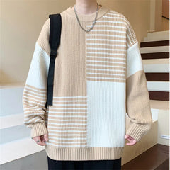 Threebooy Autumn Winter Fashion Patchwork Striped Knit Pullovers Men Youthful Vitality O-Neck Loose Warm Knitted Sweater Casual Pullover