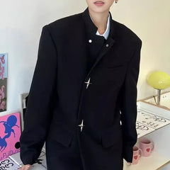 Threebooy  Korean Fashion High-End Solid Color Y2k Suit Jacket Men Spring Autumn Design Metal Button Shoulder Pad Suit Mens Clothing