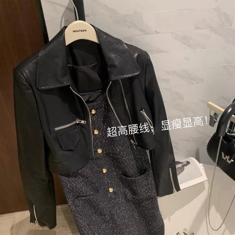 Threebooy American Trendy Motorcycle Suit Slim Short Jacket Double Zipper Washing PU Leather Jacket High Street Versatile Leather Jacket