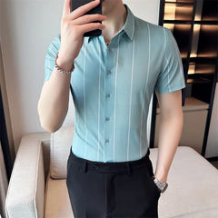 Threebooy Business Plaid Shirt Male Social Formal Work Pure Color Casual Short Sleeve Shirt Men Slim Fit Men's White Dress Shirt S-4XL