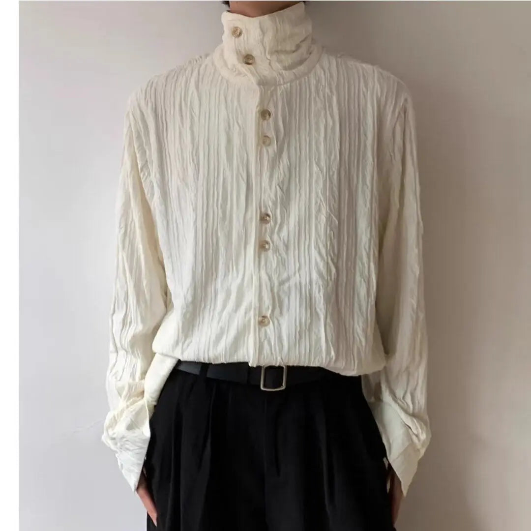 Threebooy  High-end Pleated Texture Shirt Men Draped Loose Casual Top French Retro Long-sleeved Shirt Unisex Vintage Elegant Button Blouse