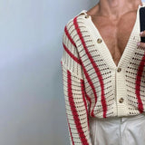 Threebooy Fashion Stitching Contrast Knitted Cardigan Men's Lapel Collar Niche Design Retro Sweater Unisex Coat Versatile Striped Knitwear