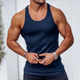 Threebooy Large Size Men's Sleeveless Summer Knitted Vertical Stripe Fitness Sports Leisure Slim Men's Vest Men's L-Line Vest Men's