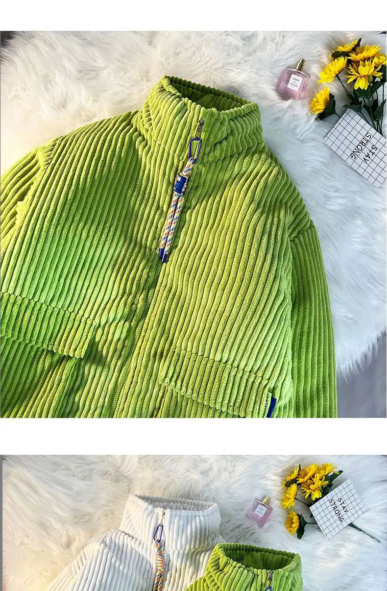 Threebooy Men's Cotton Padded Jacket Winter Corduroy Padded Jackets Female Loose Stand-up Collar Thickened Warm Zipper Solid Color Coats