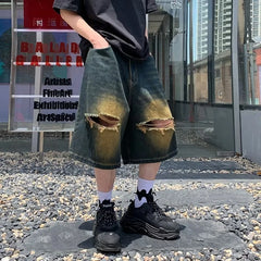 Threebooy Men Summer Fashion Vintage Loose Wide Leg Jeans Male Streetwear Knee Length Pants Male Casual Ripped Denim Shorts F38