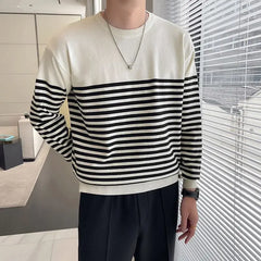 Threebooy  Trend Casual Autumn Winter Men Sweaters O-Neck Striped Contrast Color Korean Casual Loose Pullovers Knitd Bottoming Shirt Tops