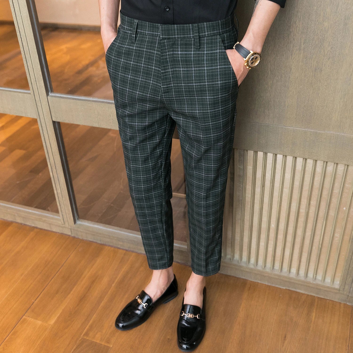 Threebooy Spring Business Casual Pants Korean Version Nine Pants Fashion Man Plaid Trousers Men High-Quality Social Slim Suit Pants