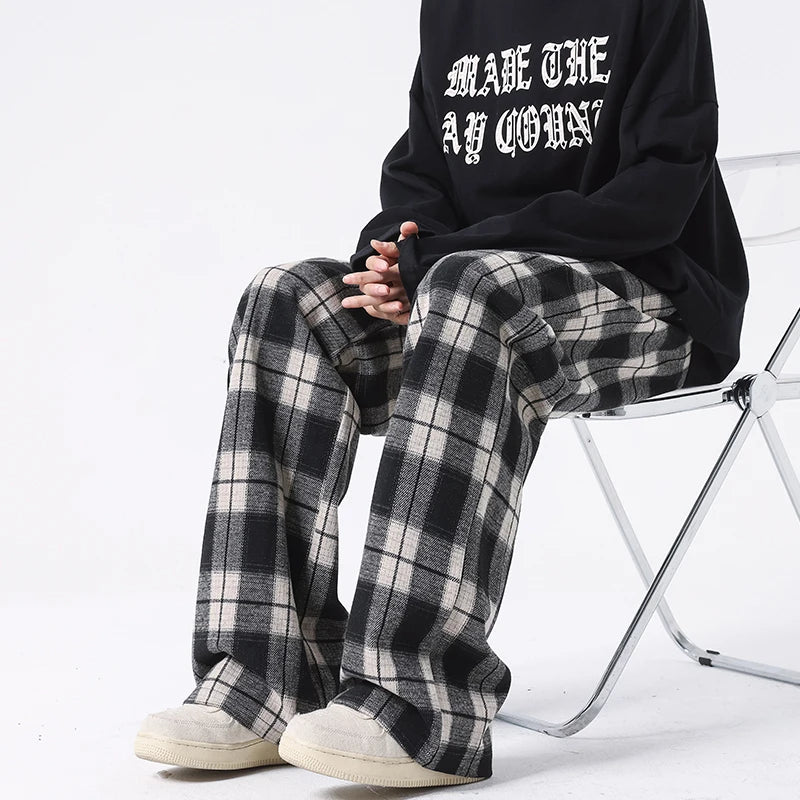 Threebooy Told Tale Plus Size Spring Casual Plaid Pants Men Wide Leg Couple Straight Pantalones Harajuku Mopping Oversize 8XL 7XL