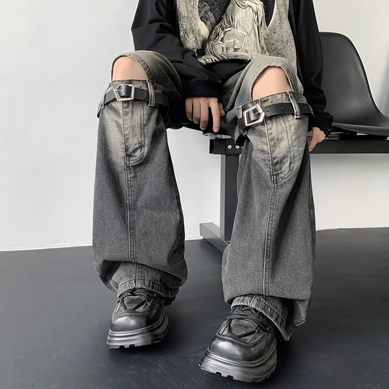 Threebooy Men's Jeans Retro Trousers Knee Holes Splicing High Street Loose Denim Trousers Flared Jeans Straps Cowboy Casual Long Pants