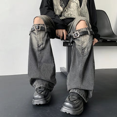 Threebooy Men's Jeans Retro Trousers Knee Holes Splicing High Street Loose Denim Trousers Flared Jeans Straps Cowboy Casual Long Pants