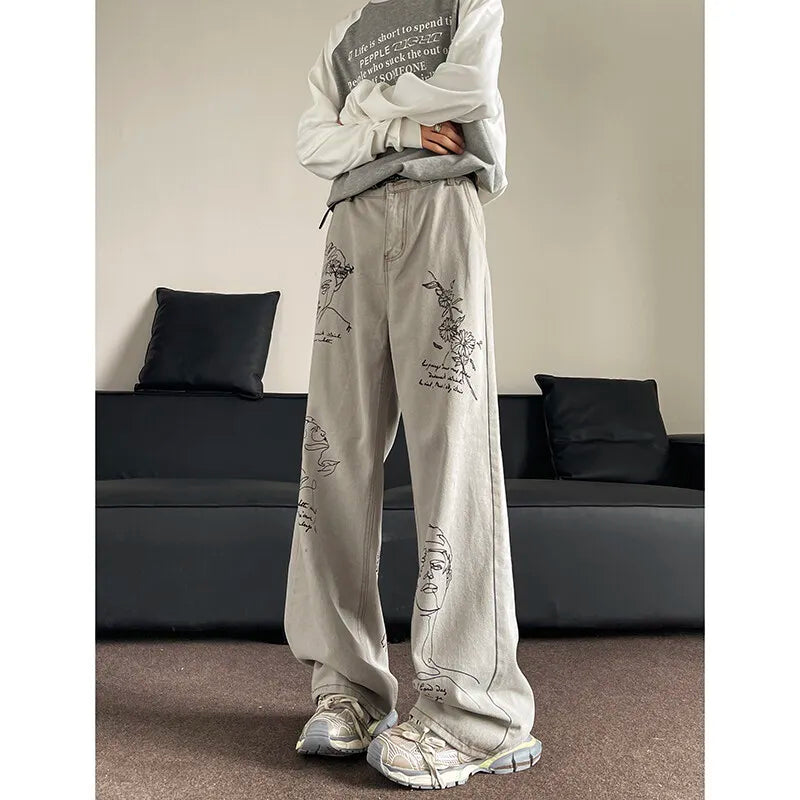 Threebooy  Men Loose Fit Straight Leg Printed Jeans Casual Comfort Denim Pants Streetwear Trendy Fashion Hip Hop Baggy Denim Trousers