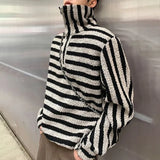 Threebooy Autumn And Winter Striped Color-Blocked Sweater Lazy Style Short Lapel Sweatshirt Unisex Loose Casual Long-Sleeved Top
