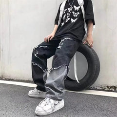 Threebooy Mens Jeans Pants With Hole Casual Vintage Straight Leg Korean Fashion Streetwear Harajuku Trousers