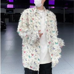 Threebooy Summer Thin Shirt Three-dimensional Butterfly Decor Long Sleeve Shirt Tassel Casual Fashion Loose Male Sun-proof Clothing