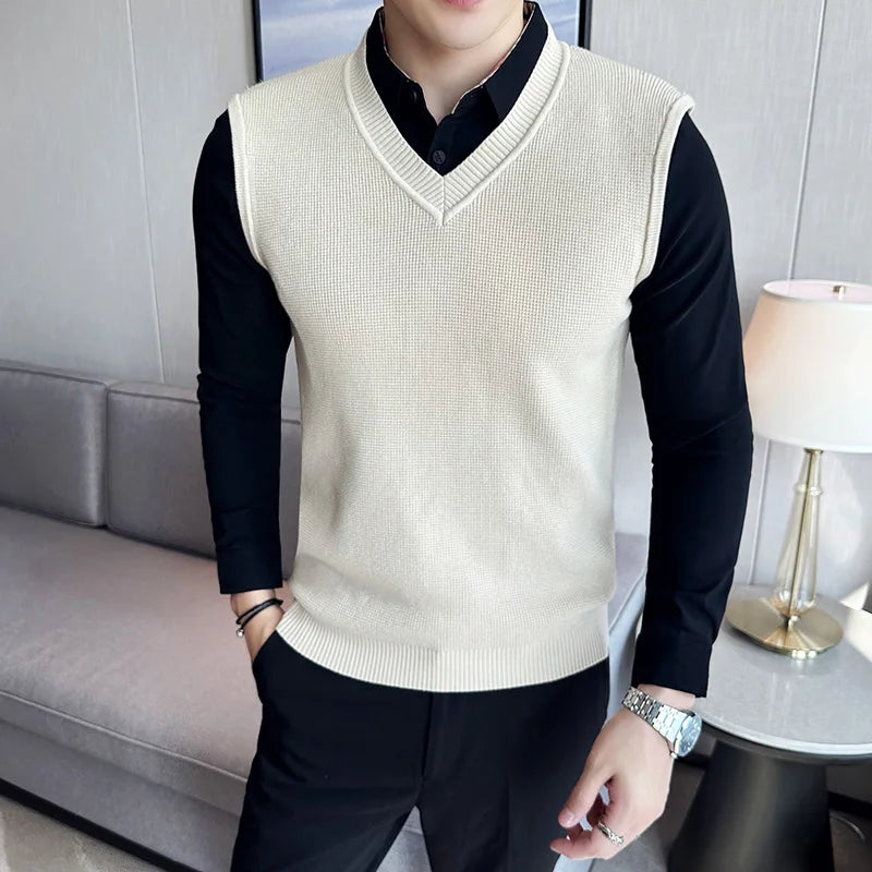 Threebooy Fake 2 Pieces Shirt Collar Men's Winter High Quality Sweater Vest/Male Slim Fit Fashion Knitted Pullover/Man V-neck Sweaters 3XL