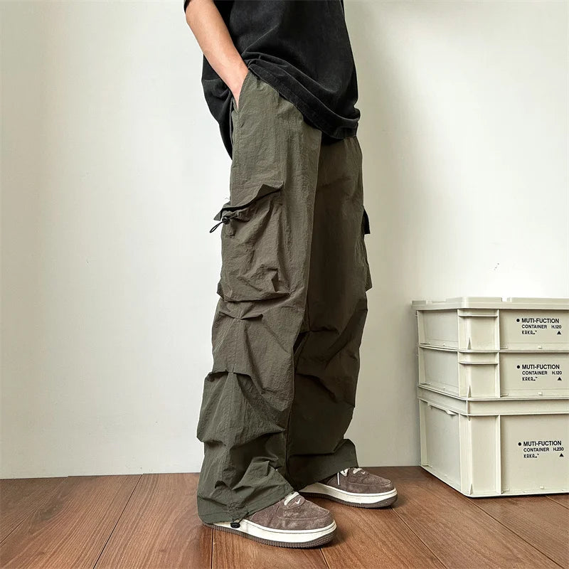 Threebooy  Summer Thin Casual Pants Men Pocket Cargo Pants Men Japanese Streetwear Hip-hop Loose Straight Pants Mens Vintage Trousers M-3XL