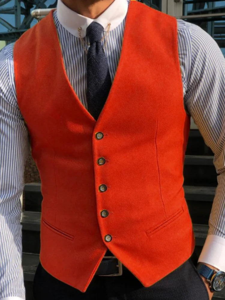 Threebooy  Men Vest Yellow Solid V Neck Single Button Waistcoat For Wedding Party Banquet Business Casual Daily Office Work Men Suit Vest