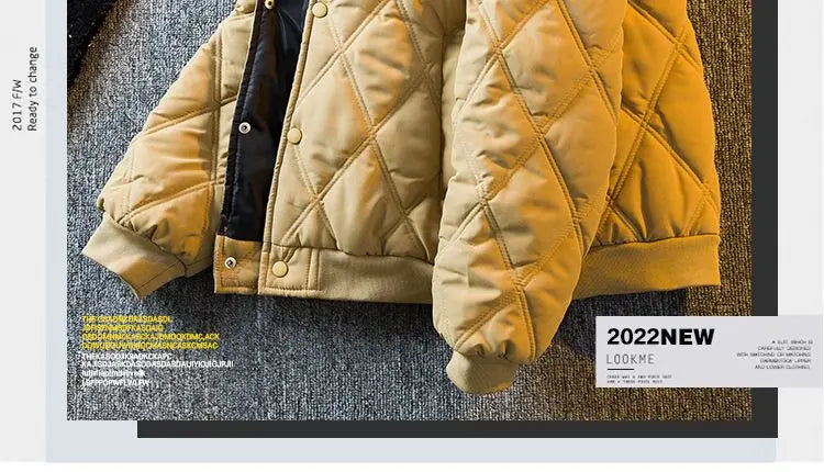 Threebooy Men's Parkas Rhombus Padded Cotton Winter Thickened Retro Casual Baseball Uniforms Warm Coat Stand Collar Single-breasted Coats