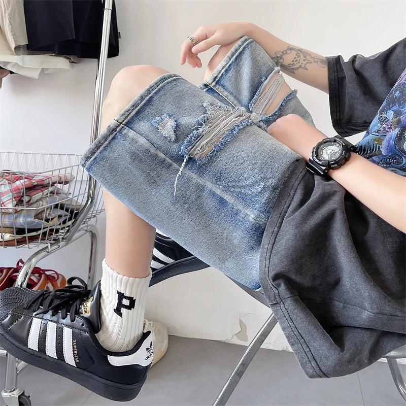 Threebooy Baggy Jeans Men's Blue Shorts Streetwear Luxury Man Jeans Jorts Straight Trousers Wide Pants Ripped Clothing