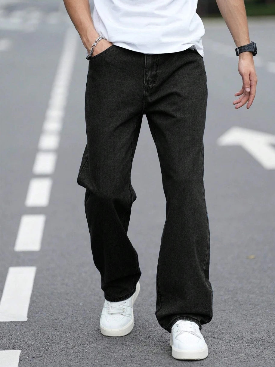 Threebooy  Men's Durable Black Relaxed-Fit Jeans Mid-Waist Comfort Street Style Essential Urban Pants