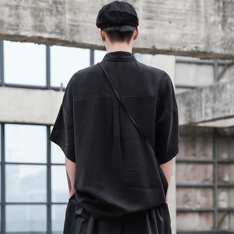 Threebooy Black Oversized Short Sleeve Shirt Men's Korean Style Drop Shoulder Shirt Harajuku Loose Single Breasted Shirt