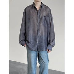 Threebooy Spring Summer Ice Silk Striped Shirts Men Korean Fashion Simple Long Sleeve Turn Down Collar Blouse Casual Loose Thin Tops