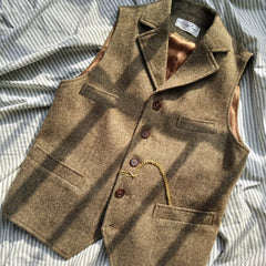 Threebooy Autumn Winter Men's British Waistcoat Retro Herringbone Slim Tweed Suit Vest Heavy Button Jacket Men Aesthetic Sleeveless Coat