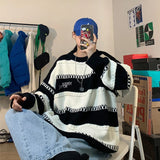 Threebooy Patchwork Striped Men's Knitted Sweater Blue Pullovers Punk Black Sweaters Male Oversize Korean Streetwear Hip Hop