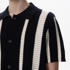 Threebooy New Men Striped Hollow Out Cardigan Tops Light Luxury Casual Button-down Short Sleeve Shirs Leisure Streetwear Fashion Knitwear