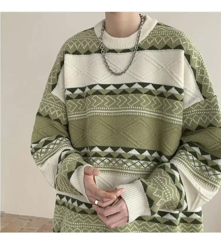Threebooy Autumn and Winter Round Neck Sweater for Men Casual Trendy Brand Streamer Lazy Style Contrast Striped Knitted Sweater