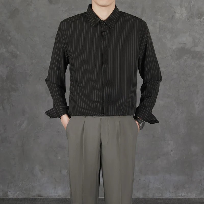 Threebooy  New Naples Business Men Shirts Light Luxury Textured Lapel Striped Long Sleeve Cardigan Leisure Premium Commuter Blouse S-4XL