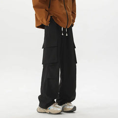 Threebooy Summer Casual Pants Men Retro Pocket Cargo Pants Men Japanese Streetwear Hip-hop Loose Wide Leg Pants Mens Vintage Trousers