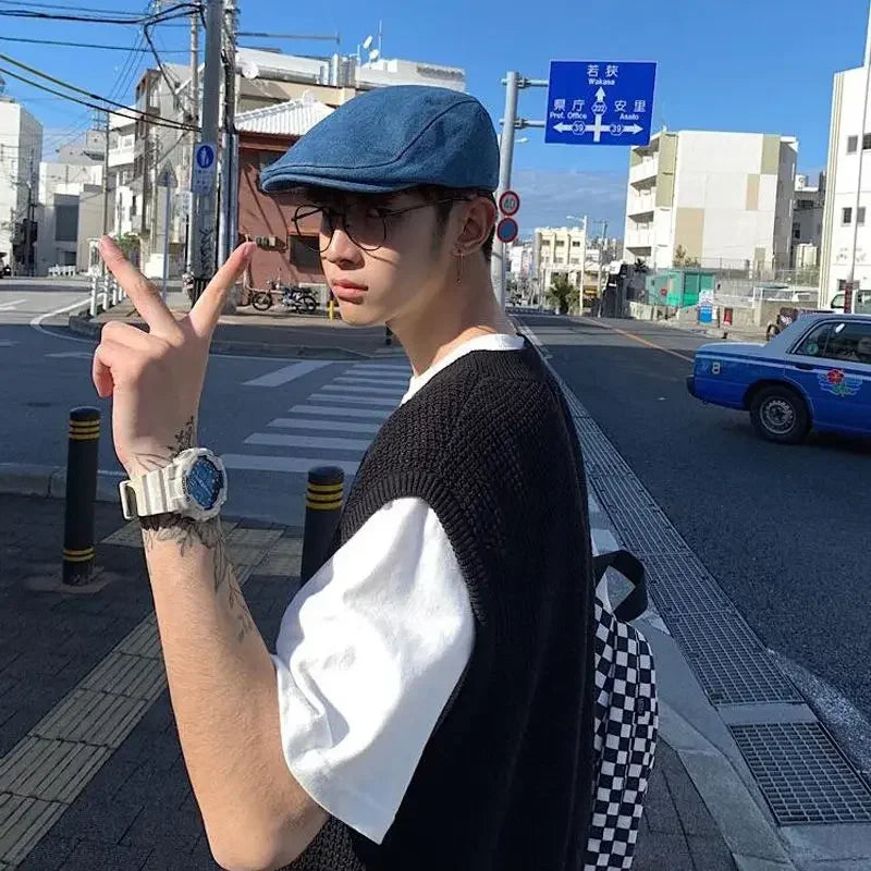 Threebooy Men's Clothing Solid Color Vest V Neck Waistcoat Knit Sweater Male Plain Blue Baggy Sleeveless Korean Style Spring Autumn 2024 X
