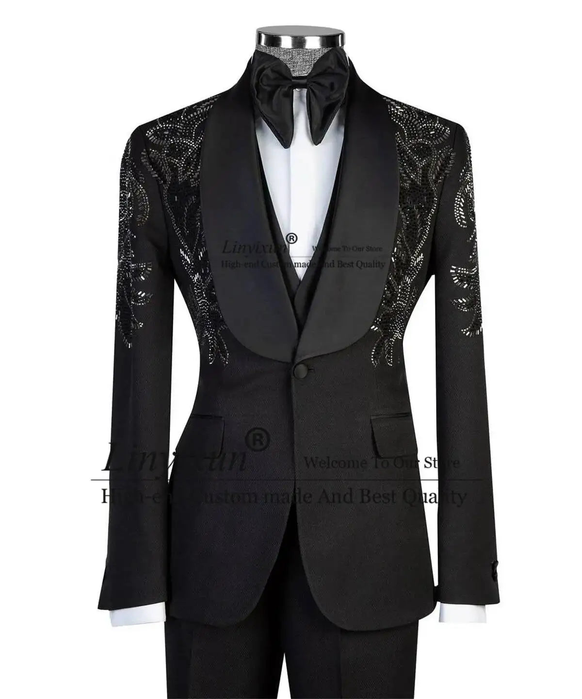 Threebooy  Beaded Crystals Suits For Men 2 Pieces Sets Male Fashion Slim Fit Customized Groom Tuxedos One Button