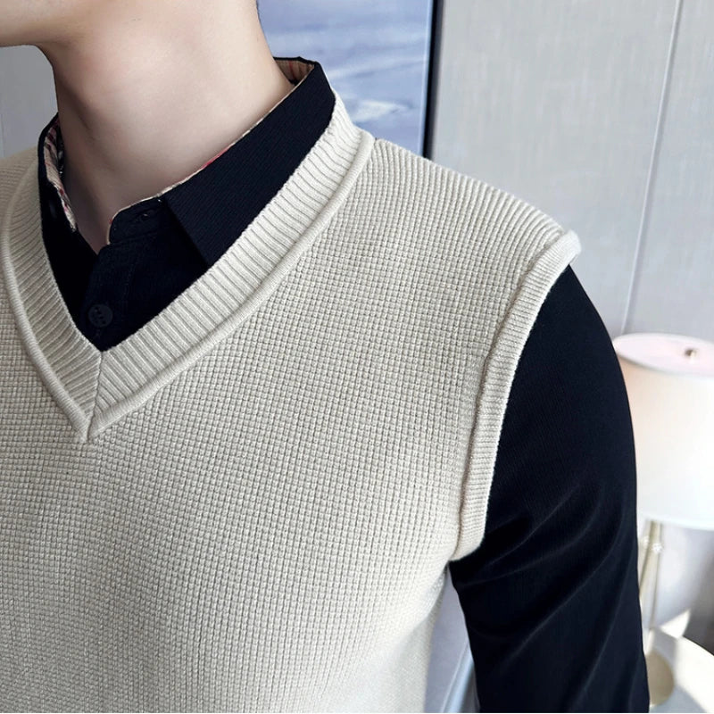 Threebooy Fake 2 Pieces Shirt Collar Men's Winter High Quality Sweater Vest/Male Slim Fit Fashion Knitted Pullover/Man V-neck Sweaters 3XL