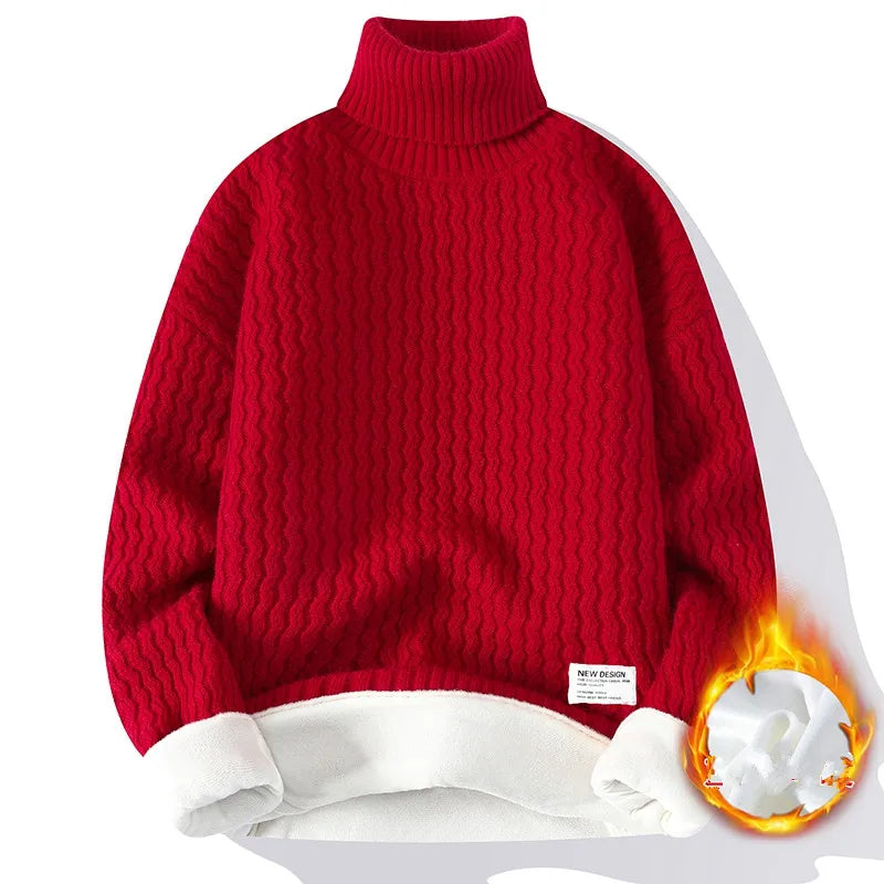 Threebooy New Winter Fleece Turtleneck Sweater Men Warm Knit Pullovers Mens Casual Knitted Sweaters Solid Color Turtleneck Knitwear Man
