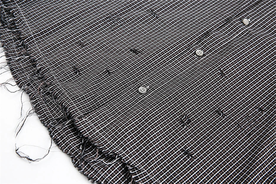 Threebooy Vintage Plaid Shirts Men Streetwear Hip Hop Punk Long Sleeve Shirt for Men Harajuku Ripped Hole Loose Casual Blouse Tops Coats