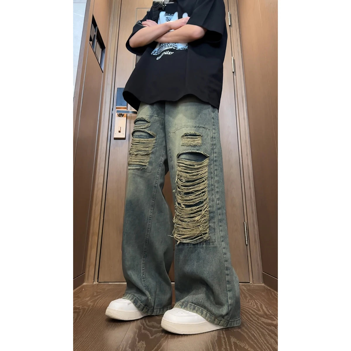 Threebooy Beggar jeans men Vintage Streetwear Ripped Hole Jeans Men Women Harajuku Aesthetic Wide Leg Denim Trousers Unisex Straight Pants