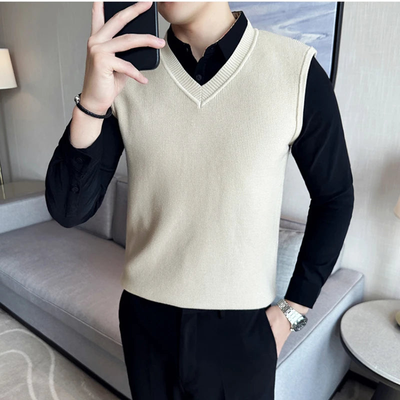 Threebooy Fake 2 Pieces Shirt Collar Men's Winter High Quality Sweater Vest/Male Slim Fit Fashion Knitted Pullover/Man V-neck Sweaters 3XL